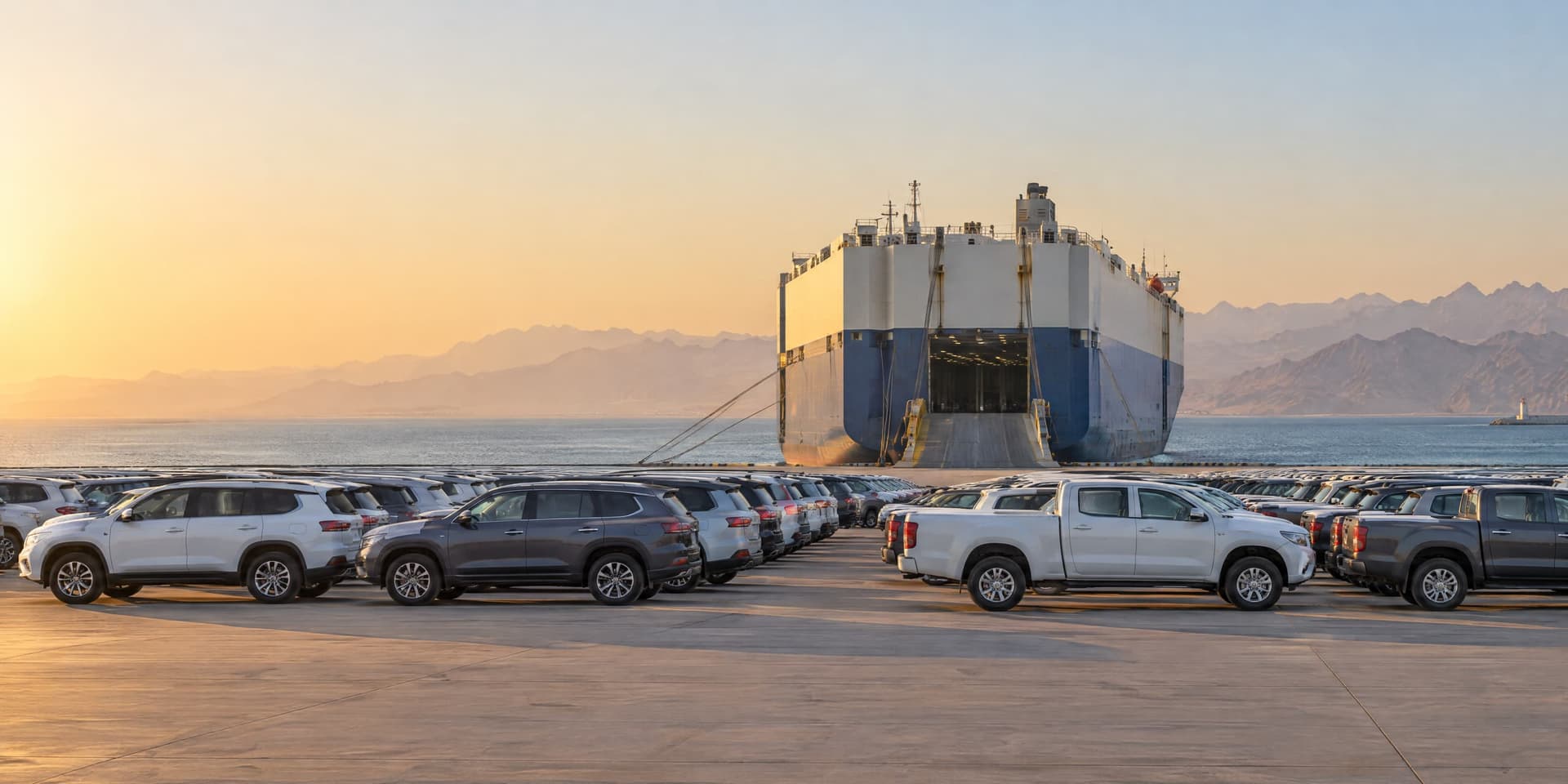 Illustration: new cars on the quay, waiting to load